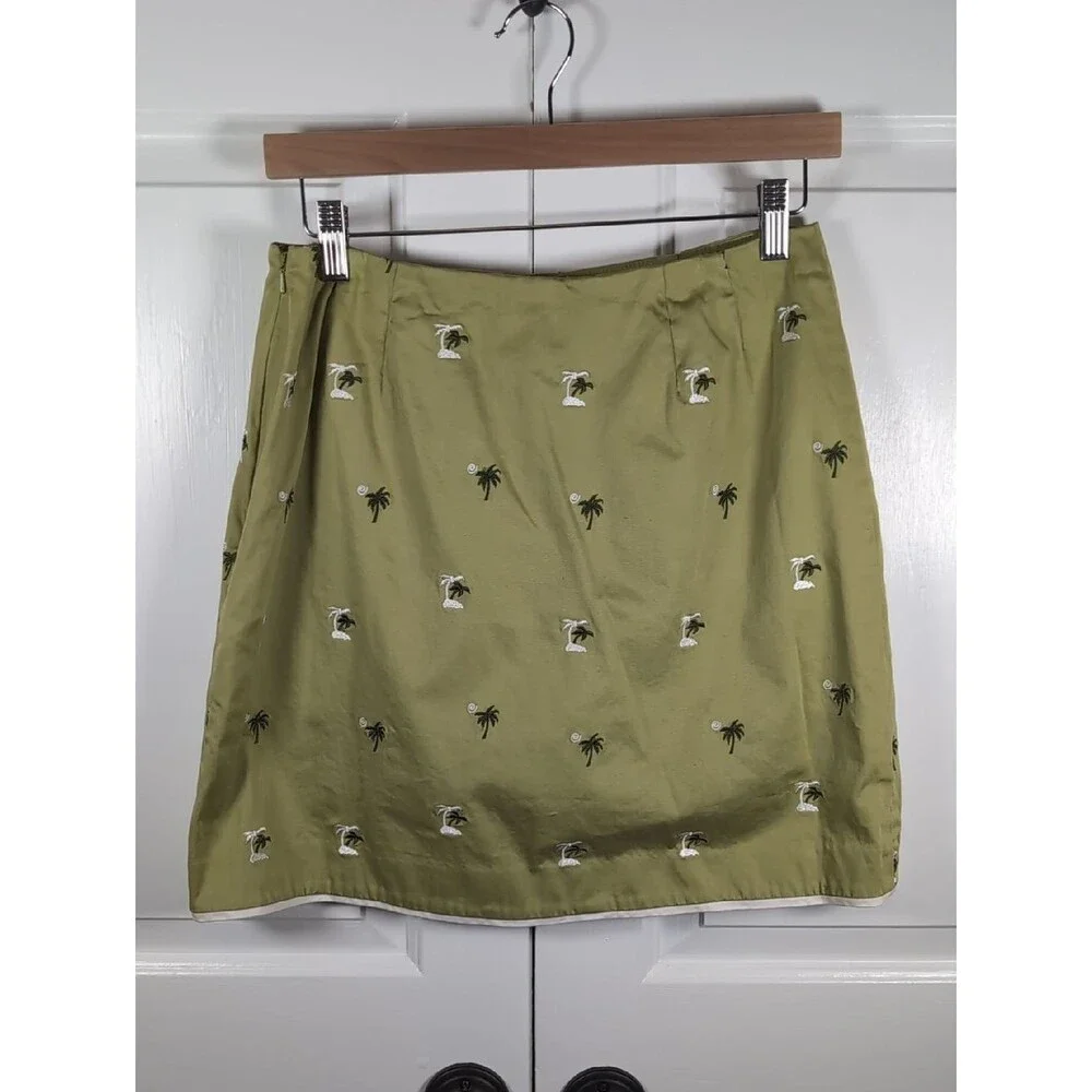 Vintage Island Republic Olive Green Palm Tree Embroidered Mini Skirt Wrap Skort